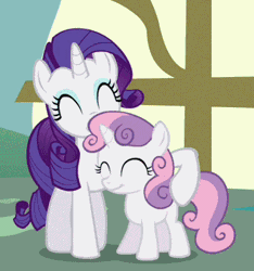 Size: 317x338 | Tagged: safe, derpibooru import, screencap, rarity, sweetie belle, pony, unicorn, ponyville confidential, animated, cute, duo, eyes closed, female, filly, gif, mare, nuzzling, sisters