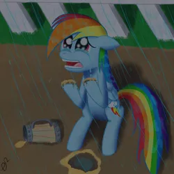 Size: 1000x1000 | Tagged: safe, artist:paradigmpizza, deleted from derpibooru, derpibooru import, rainbow dash, pegasus, pony, cider, cider dash, crying, dilated pupils, female, floppy ears, mare, rain, sitting, solo