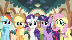 Size: 400x225 | Tagged: suggestive, derpibooru import, edit, edited screencap, screencap, applejack, fluttershy, rainbow dash, rarity, twilight sparkle, earth pony, pegasus, pony, unicorn, mmmystery on the friendship express, all new, animated, blinking, blushing, cute, dashabetes, eye contact, female, floppy ears, frown, gif, grin, hub logo, implied nudity, implied penis, laughing, looking at each other, looking at you, mare, raised eyebrow, raised hoof, small penis humiliation, smiling, text, the hub, unicorn twilight, vulgar, wide eyes