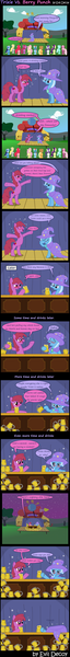 Size: 1228x11560 | Tagged: safe, artist:evil-dec0y, derpibooru import, berry punch, berryshine, trixie, earth pony, pony, unicorn, comic:trixie vs., cape, cider, clothes, comic, crowd, drinking contest, drunk, drunk bubbles, female, hat, mare, passed out, rearing, stage, trixie's cape, trixie's hat