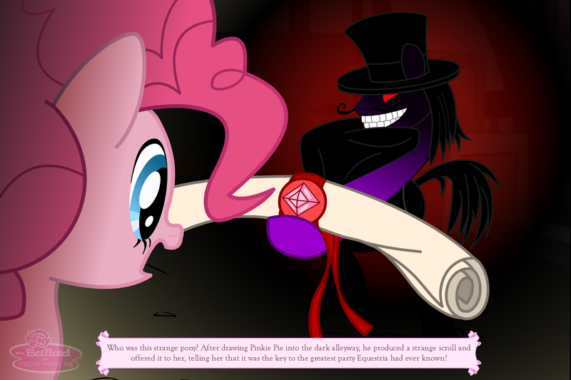 Size: 1500x1000 | Tagged: safe, artist:flamingo1986, derpibooru import, pinkie pie, earth pony, pony, count maleficio, female, grin, hat, male, mare, scroll, smiling, stallion, the ballad of mecha pinkie pie, top hat