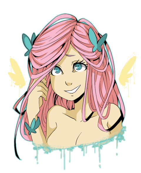 Size: 480x590 | Tagged: artist:ssenarrya, bare shoulder portrait, breasts, bust, busty fluttershy, cleavage, cute, derpibooru import, female, fluttershy, human, humanized, shyabetes, smiling, solo, solo female, suggestive