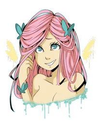 Size: 480x590 | Tagged: artist:ssenarrya, bare shoulder portrait, breasts, bust, busty fluttershy, cleavage, cute, derpibooru import, female, fluttershy, human, humanized, shyabetes, smiling, solo, solo female, suggestive