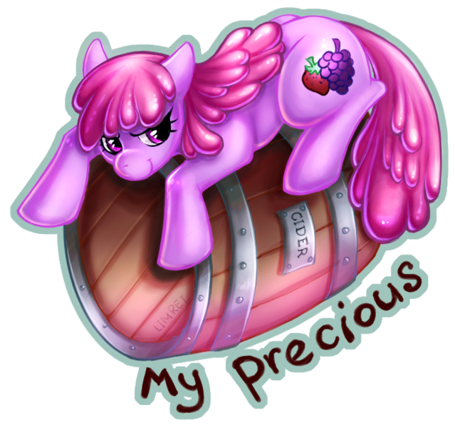 Size: 695x653 | Tagged: safe, artist:limreiart, derpibooru import, berry punch, berryshine, earth pony, pony, barrel, cider, female, mare, my precious, possessive, prone, simple background, solo, transparent background