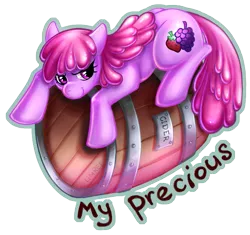 Size: 695x653 | Tagged: safe, artist:limreiart, derpibooru import, berry punch, berryshine, earth pony, pony, barrel, cider, female, mare, my precious, possessive, prone, simple background, solo, transparent background