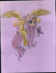 Size: 1280x1674 | Tagged: safe, artist:buttercupsaiyan, deleted from derpibooru, derpibooru import, fluttershy, butterfly, pegasus, pony, animal, female, flying, mare, solo, traditional art