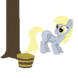 Size: 310x310 | Tagged: safe, artist:tomdantherock, derpibooru import, derpy hooves, pegasus, pony, animated, bucket, bucking, female, gif, how, looking back, mare, muffin, simple background, solo, transparent background, tree