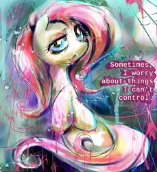 Size: 600x656 | Tagged: semi-grimdark, artist:buttercupsaiyan, deleted from derpibooru, derpibooru import, fluttershy, pegasus, pony, abstract background, female, mare, rain, sad, sitting, solo, worried