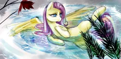 Size: 2868x1391 | Tagged: dead source, suggestive, artist:buttercupsaiyan, deleted from derpibooru, derpibooru import, fluttershy, pegasus, pony, female, mare, raised leg, solo, solo female, spread wings, strategically covered, swimming, water, wings