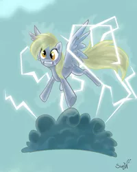 Size: 2000x2500 | Tagged: dead source, safe, artist:samywalle, derpibooru import, derpy hooves, pegasus, pony, cloud, female, high res, i just don't know what went wrong, lightning, mare, signature, solo, stormcloud, surprised