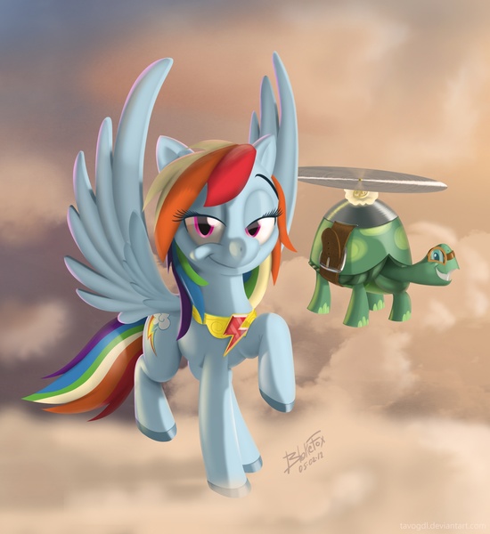 Size: 1921x2094 | Tagged: safe, artist:tavogdl, derpibooru import, rainbow dash, tank, pegasus, pony, cloud, duo, element of loyalty, female, mare, pet, raised hoof