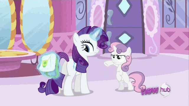 Size: 640x360 | Tagged: safe, derpibooru import, screencap, rarity, sweetie belle, pony, unicorn, ponyville confidential, all new, animated, bipedal, boing, carousel boutique, duo, female, filly, gif, horn flick, hub logo, it keeps happening, magic, mare, raribuse, sproing, text