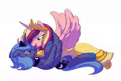 Size: 967x650 | Tagged: safe, artist:carnifex, derpibooru import, princess cadance, princess luna, alicorn, pony, clothes, dress, female, gown, lesbian, lundance, mare, on back, s1 luna, shipping, simple background, spread wings, tongue out, wedding dress, white background