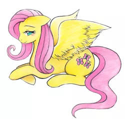 Size: 900x856 | Tagged: safe, artist:rinkulover4ever50592, derpibooru import, fluttershy, pegasus, pony, female, floppy ears, mare, prone, simple background, smiling, solo, white background