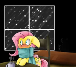 Size: 1223x1080 | Tagged: safe, artist:batlover800, derpibooru import, fluttershy, iron will, minotaur, pegasus, pony, clothes, female, floppy ears, male, mare, scarf, snow, snowfall, table, window