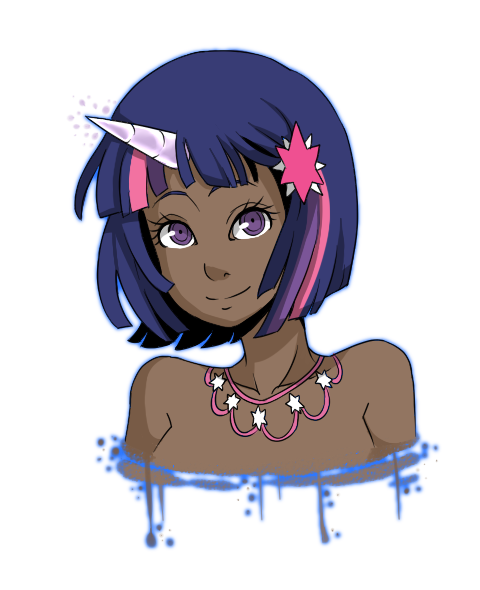 Size: 480x590 | Tagged: artist:ssenarrya, bare shoulder portrait, bare shoulders, bust, dark skin, derpibooru import, female, horned humanization, human, humanized, jewelry, looking at you, safe, simple background, solo, transparent background, twilight sparkle