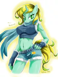 Size: 972x1280 | Tagged: suggestive, artist:skykain, derpibooru import, oc, unofficial characters only, anthro, unicorn, 2010s, 2012, anthro oc, beautiful, beautisexy, bedroom eyes, belly button, belt, breasts, clothes, confident, daisy dukes, denim shorts, erect nipples, female, fingerless gloves, gem, gloves, green eyes, hand on hip, hot pants, lidded eyes, looking at you, midriff, nipple outline, nipples, scarf, sexy, shorts, smiling, solo, solo female, teal fur, tomboy