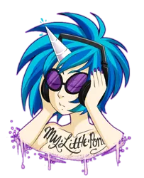 Size: 480x590 | Tagged: artist:ssenarrya, bare shoulder portrait, derpibooru import, eyes closed, female, headphones, horned humanization, human, humanized, safe, simple background, solo, tattoo, transparent background, vinyl scratch