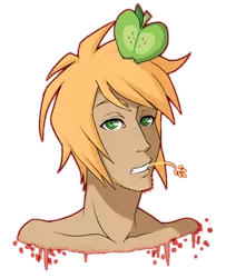 Size: 480x590 | Tagged: artist:ssenarrya, bare shoulders, big macintosh, bust, derpibooru import, human, humanized, male, safe, simple background, solo, straw in mouth, transparent background