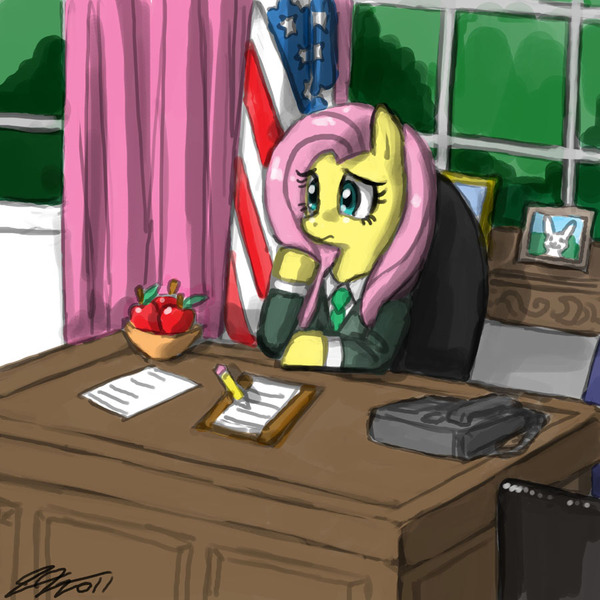 Size: 900x900 | Tagged: safe, artist:johnjoseco, derpibooru import, fluttershy, pegasus, pony, clothes, desk, female, mare, photoshop, president, sitting, solo