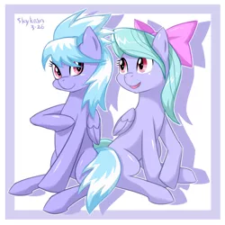 Size: 850x850 | Tagged: safe, artist:skykain, derpibooru import, cloudchaser, flitter, pegasus, pony, bow, duo, female, hair bow, mare, sitting