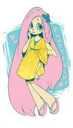 Size: 480x840 | Tagged: abstract background, artist:ssenarrya, clothes, derpibooru import, dress, female, fluttershy, human, humanized, safe, sandals, solo, winged humanization, wings