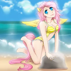 Size: 2000x2000 | Tagged: artist:treacly, beach, bikini, clothes, colored pupils, derpibooru import, female, fluttershy, high res, human, humanized, safe, solo, swimsuit, tailed humanization, winged humanization
