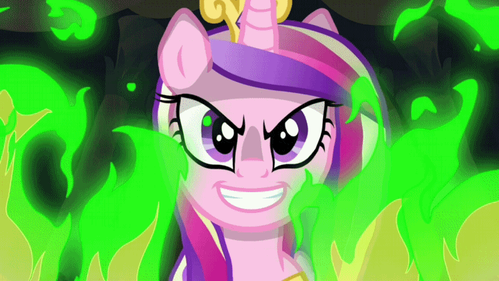 Size: 720x405 | Tagged: safe, derpibooru import, screencap, princess cadance, queen chrysalis, alicorn, pony, a canterlot wedding, animated, cel shading, disguise, disguised changeling, evil grin, fake cadance, female, fire, gif, image, looking at you, loop, mare, shading, solo