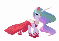 Size: 1158x814 | Tagged: safe, artist:carnifex, derpibooru import, princess celestia, alicorn, pony, :t, backlighting, bedroom eyes, clothes, dress, female, flower in hair, jewelry, looking at you, mare, necklace, raised hoof, rose, simple background, smiling, solo, white background