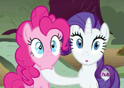 Size: 509x360 | Tagged: safe, derpibooru import, edit, edited screencap, screencap, pinkie pie, rarity, earth pony, pony, unicorn, putting your hoof down, :o, animated, dancing logo, duo, female, gif, hoof sucking, hub logo, looking at you, mare, marshmallow, nom, out of context, rarity is a marshmallow, wide eyes
