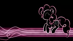 Size: 1920x1080 | Tagged: safe, artist:smockhobbes, derpibooru import, pinkie pie, earth pony, pony, black background, cutie mark, eyes closed, female, glow, happy, hooves, hopping, jumping, lineart, lines, mare, minimalist, modern art, neon, photoshop, simple background, solo, wallpaper