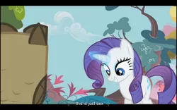 Size: 1024x640 | Tagged: suggestive, derpibooru import, edit, edited screencap, screencap, owlowiscious, rarity, pony, unicorn, owl's well that ends well, female, implied sex, mare, wat, youtube caption