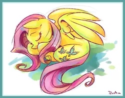 Size: 1478x1162 | Tagged: safe, artist:pashapup, derpibooru import, fluttershy, pegasus, pony, abstract background, female, mare, sleeping, smiling, solo