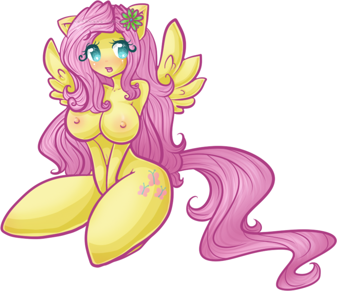Size: 897x774 | Tagged: ambiguous facial structure, anthro, artist:tehbuttercookie, blushing, breasts, busty fluttershy, curvy, derpibooru import, female, fluttershy, kneeling, nipples, nudity, questionable, solo, solo female