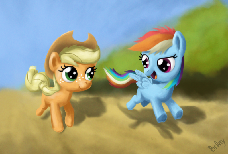 Size: 900x607 | Tagged: safe, artist:br0ny, derpibooru import, applejack, rainbow dash, earth pony, pegasus, pony, cute, dashabetes, female, filly, foal, jackabetes, running