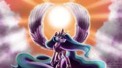 Size: 2000x1125 | Tagged: safe, artist:esuka, derpibooru import, princess celestia, alicorn, pony, backlighting, cloud, cloudy, crepuscular rays, female, flying, large wings, mare, smiling, solo, spread wings, wings