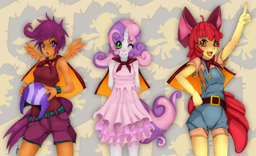 Size: 500x306 | Tagged: abstract background, apple bloom, artist:slugbox, cape, clothes, cmc cape, cutie mark crusaders, derpibooru import, female, horned humanization, human, humanized, pony coloring, safe, scootaloo, sweetie belle, winged humanization, wings