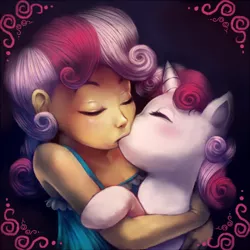 Size: 800x800 | Tagged: safe, artist:crookedtrees, artist:megasweet, derpibooru import, sweetie belle, human, pony, unicorn, female, filly, human on pony action, human ponidox, humanized, humanized human on pony action, interspecies, kissing, lesbian, self ponidox, selfcest, shipping, sweetcest, sweetiebelles
