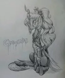Size: 945x1133 | Tagged: safe, artist:discommunicator, derpibooru import, queen chrysalis, changeling, changeling queen, alternate hairstyle, clothes, fangs, female, image, jpeg, lidded eyes, looking at you, monochrome, sitting, smiling, solo, traditional art