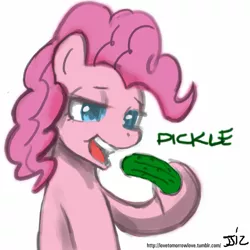 Size: 805x805 | Tagged: safe, artist:johnjoseco, derpibooru import, pinkie pie, earth pony, pony, eating, female, mare, one word, pickle, solo