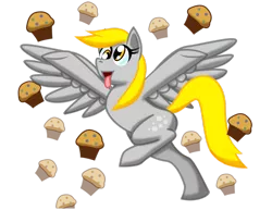 Size: 1024x791 | Tagged: safe, artist:thelonecrow, derpibooru import, derpy hooves, pegasus, pony, female, mare, muffin, spread wings, wings