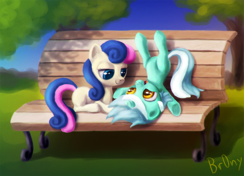 Size: 1000x724 | Tagged: safe, artist:br0ny, derpibooru import, bon bon, lyra heartstrings, sweetie drops, earth pony, pony, unicorn, adorabon, bench, cute, eye contact, female, filly, foal, foal romance, lesbian, lyrabetes, lyrabon, photoshop, prone, shipping, smiling, toy ship, upside down, younger