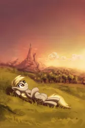 Size: 800x1200 | Tagged: safe, artist:kp-shadowsquirrel, derpibooru import, derpy hooves, pegasus, pony, color porn, female, mare, on back, scenery, solo