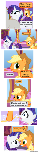 Size: 1700x6661 | Tagged: safe, artist:navitaserussirus, derpibooru import, applejack, rarity, earth pony, pony, unicorn, blushing, carousel boutique, choking, comic, eye contact, female, lesbian, lip bite, looking at each other, mare, measuring tape, rarijack, shipping