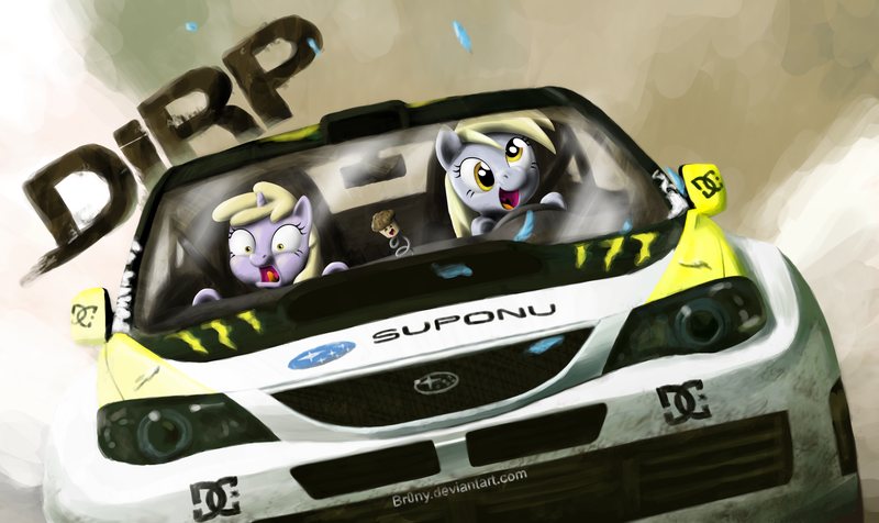 Size: 2000x1191 | Tagged: safe, artist:br0ny, derpibooru import, derpy hooves, dinky hooves, pegasus, pony, unicorn, bobblehead, car, colin mcrae dirt, crossover, dc shoes, derpy driving, dirt, driving, equestria's worst mother, feather, female, filly, foal endangerment, food, ken block, mare, monster energy, muffin, open mouth, parody, photoshop, scared, screaming, smiling, subaru, subaru impreza, this will end in tears, video game, wallpaper, wide eyes