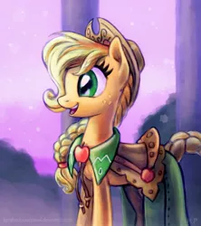 Size: 1000x1125 | Tagged: safe, artist:kp-shadowsquirrel, derpibooru import, applejack, earth pony, pony, clothes, dress, female, gala dress, happy, mare, open mouth, smiling, solo