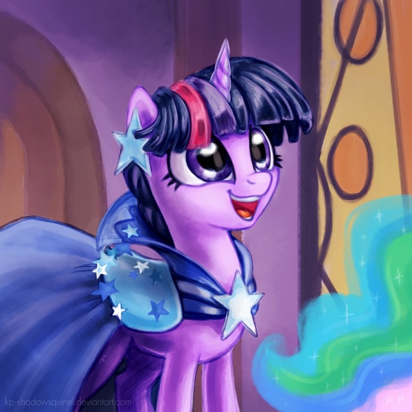 Size: 1000x1000 | Tagged: safe, artist:kp-shadowsquirrel, derpibooru import, princess celestia, twilight sparkle, pony, unicorn, the best night ever, clothes, dress, featured image, female, gala dress, happy, image, jpeg, mare, smiling, unicorn twilight