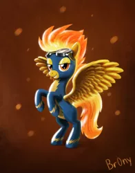 Size: 1200x1528 | Tagged: safe, artist:br0ny, derpibooru import, spitfire, pegasus, pony, action pose, female, goggles, looking at you, mare, photoshop, rearing, solo, spread wings, wings, wonderbolts uniform