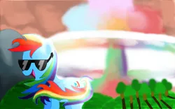 Size: 2500x1563 | Tagged: safe, artist:mattawesome94, derpibooru import, rainbow dash, pegasus, pony, backlighting, cool guys don't look at explosions, explosion, female, mare, rainbow nuke, solo, sunglasses
