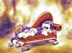 Size: 1000x731 | Tagged: safe, artist:kp-shadowsquirrel, derpibooru import, rarity, pony, unicorn, abstract background, couch, fainting couch, female, mare, prone, solo